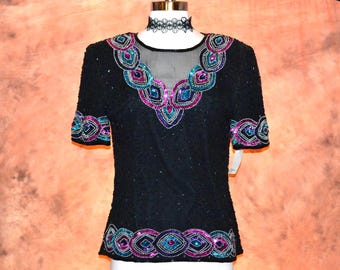 Camicetta vintage in seta con perline, camicetta da festa da donna, top formale anni '60-'70