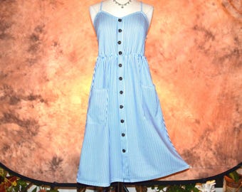 Vestido de verano sin espalda con rayas azules y blancas para mujer, falda con vuelo, vestido informal con bolsillos fruncidos