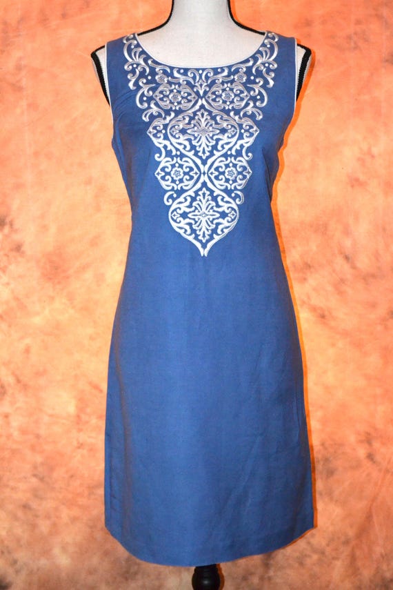 Embroidered Linen Blend Shift Dress - Wedgwood Blue Sleeveless Sheath -  Etsy Israel