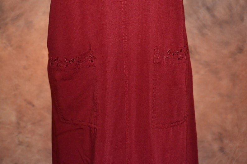 Womens Scarlet Red Pinafore Vintage Maxi Jumper Button Sides Hippie Boho Chic Rockabilly Textured Flowing Floor Length Jumpsuit for Women