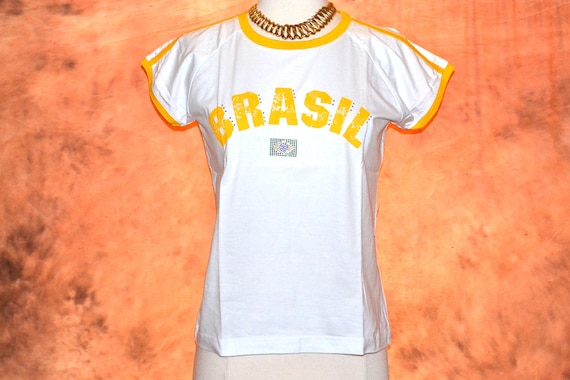 New Retro Brazil T Shirt Bright Yellow a on White Pierim Imported Brazilian Flag Embellished