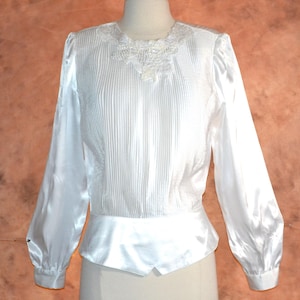 Satin Vintage Blouse Women's White Elegant Beaded Sequin Quilted Applique Cummerbund Waist