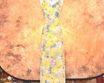 Lace Back Sundress Women's Yellow Tropical Maxi Dress Slit Front Backless Casual Hawaiian Party Dress