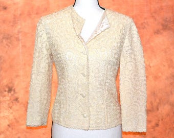 Vintage 50s Jacket from Vienna Austria Ivory Cotton & Tulle Button Front Tailored Fit Imported