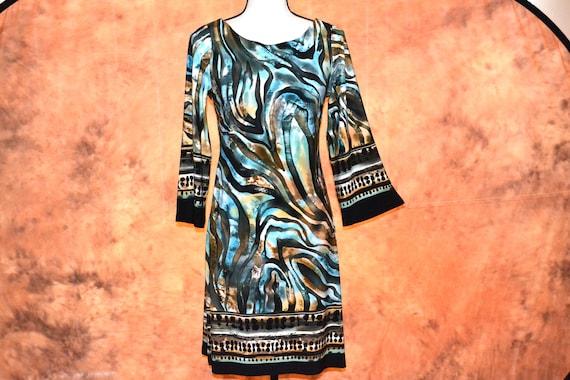 Business Dress Knee Length 3/4 Sleeve Dressy Office Attire Watercolor Print Workwear Pullover