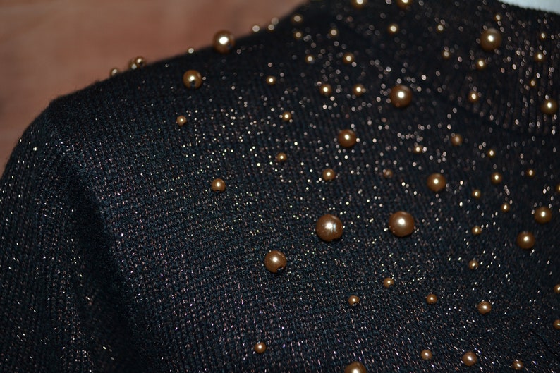 Womens Sparkle Beaded Blouse 80s Vintage Mad Men Style Top Ladies Celestial Short Sleeve Sweater Vintage Party Shirt Brown with Bronze Beads