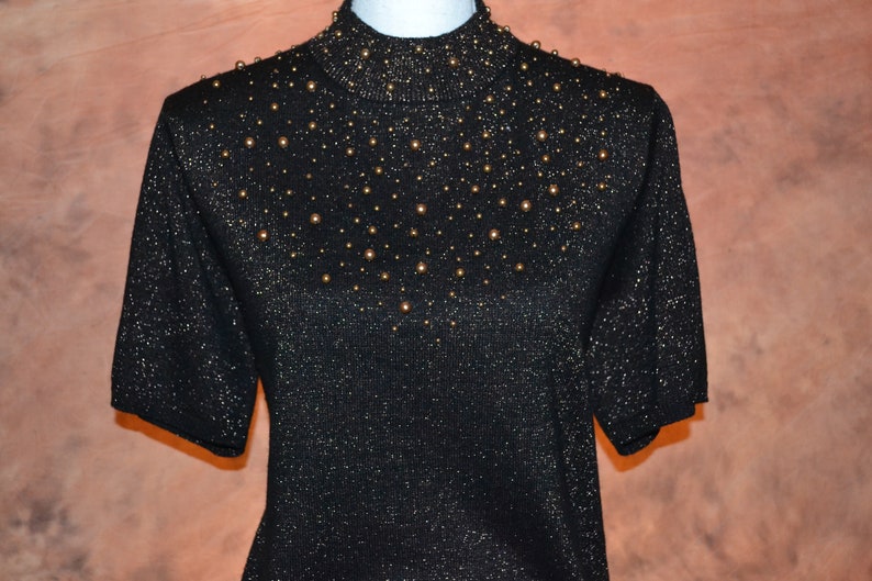 Womens Sparkle Beaded Blouse 80s Vintage Mad Men Style Top Ladies Celestial Short Sleeve Sweater Vintage Party Shirt Brown with Bronze Beads