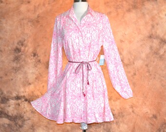 Pink Art Deco Shirtdress: Women's Party Dress Full Swing Skirt, Balloon Sleeves, Belt (NWT)