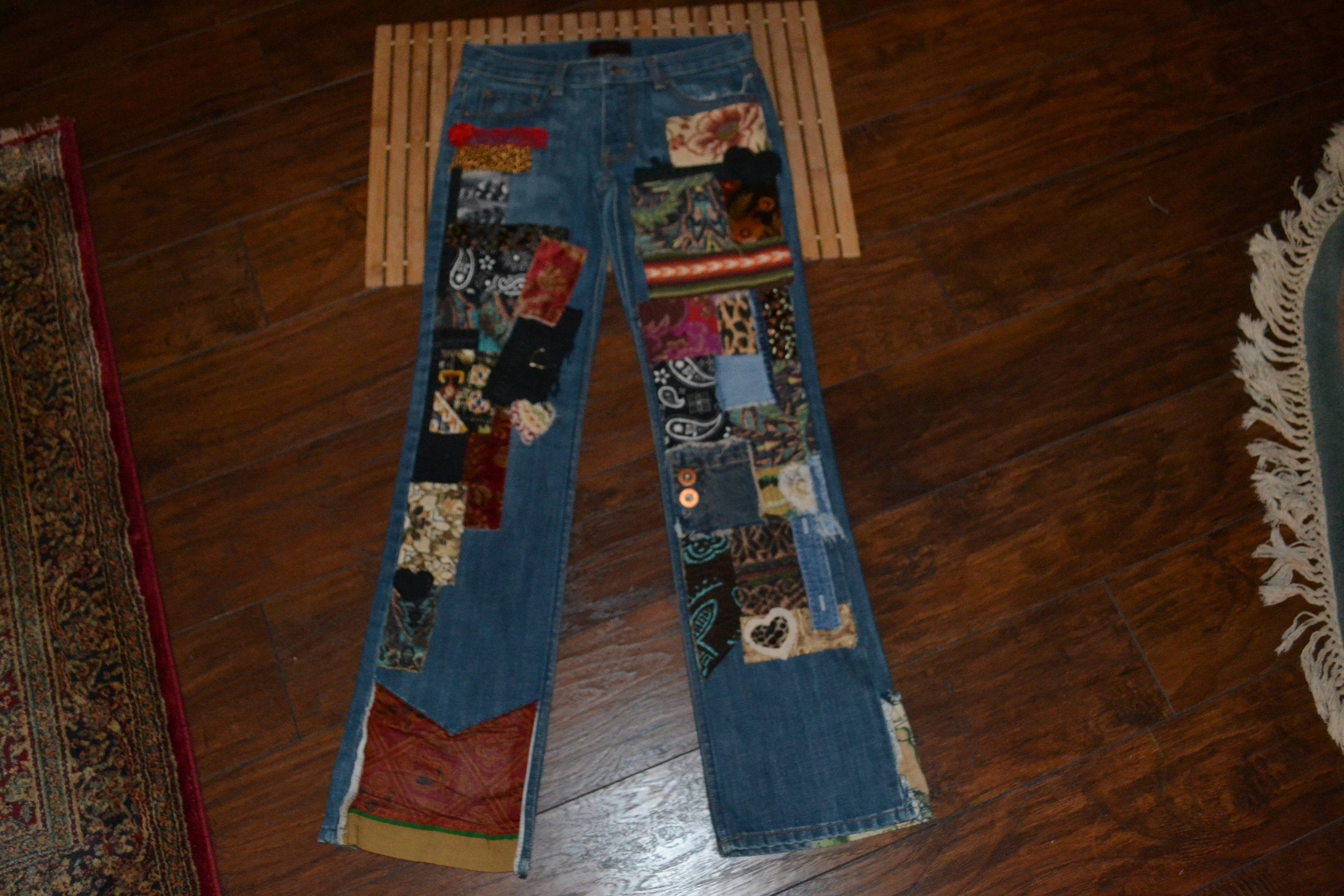 Custom Patchwork Hand Stitched Jeans Women's Hand Made Etsy