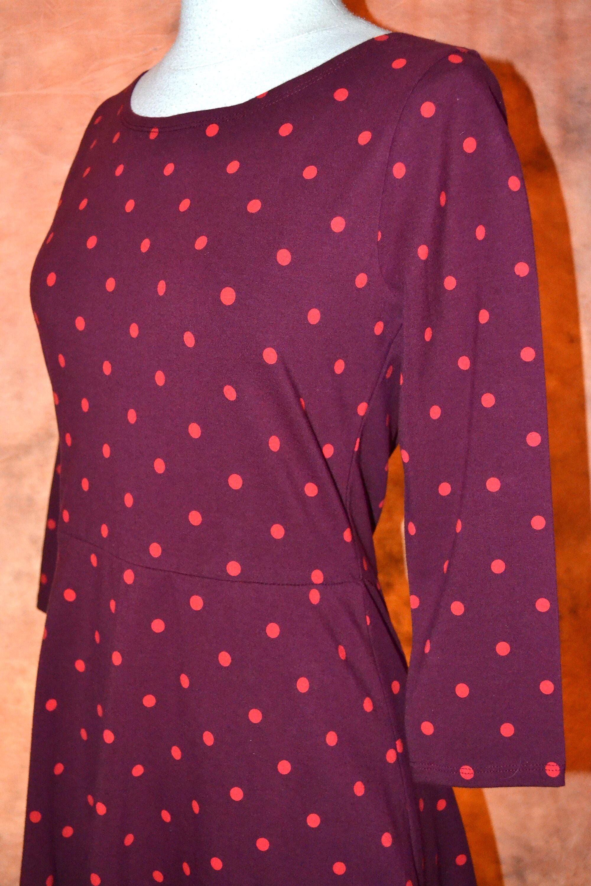 Burgundy Polka Dot Swing Dress, Long Sleeve T-Shirt Dress, Small