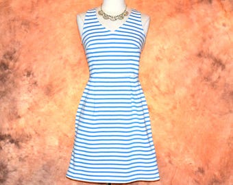 Cotton Sundress Tailored Women's Casual Day Dress White and Blue Striped Short
