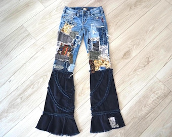 Patchwork Jeans Hand Sewn Grunge Women's Silver Jeans Tattered Upcycled Festival Wear Retro Hippie Jeans