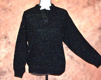 Vintage Sparkle Knit Pullover: Black Bishop Sleeves, Cutout Neck