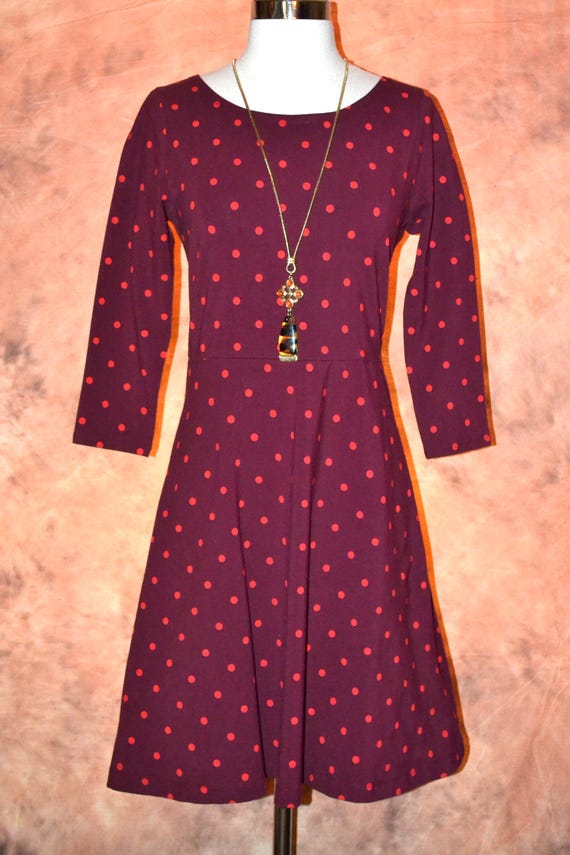 Burgundy Polka Dot Swing Dress, Long Sleeve T-Shirt Dress, Small Burgundy Polka Dot Swing Dress, Long Sleeve T-Shirt Dress, Small