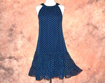 Tiered Babydoll Dress, Navy & Green Polka Dot Chiffon, Size Large