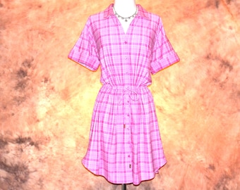 Pink Plaid Sport Dress Women's Button Down Drawstring Waist Mod Shirtdress