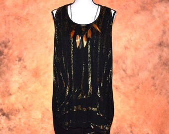 Women's Layering Tunic Over Shirt Leaf Necklace Embellishment Open Arm Holes Racer Back Gathered Hips Black with Gold Leaf