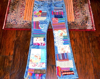 Upcycled Patchwork Jeans Boho Hippie Style People for Peace Women's Jeans Size Medium
