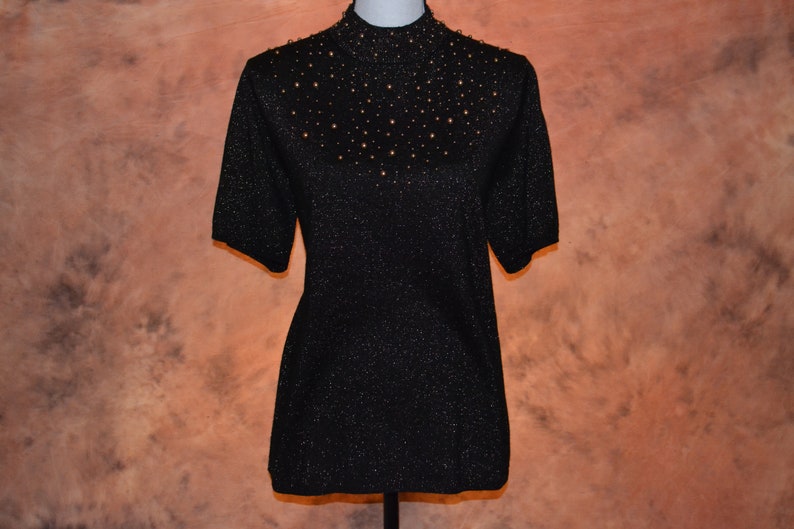 Womens Sparkle Beaded Blouse 80s Vintage Mad Men Style Top Ladies Celestial Short Sleeve Sweater Vintage Party Shirt Brown with Bronze Beads