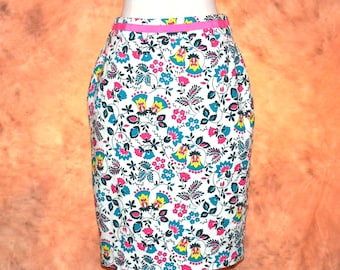 Floral Pencil Skirt: 70s Mod Style, Heavy Cotton Vivid Color