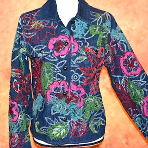 Veste en jean brodée Manteau en jean pour femme Blazer à fleurs, points de broderie et patchwork