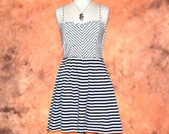 Sundress Navy Blue & White Striped Women's Natural Cotton Mini Dress Frilly Petite Backless