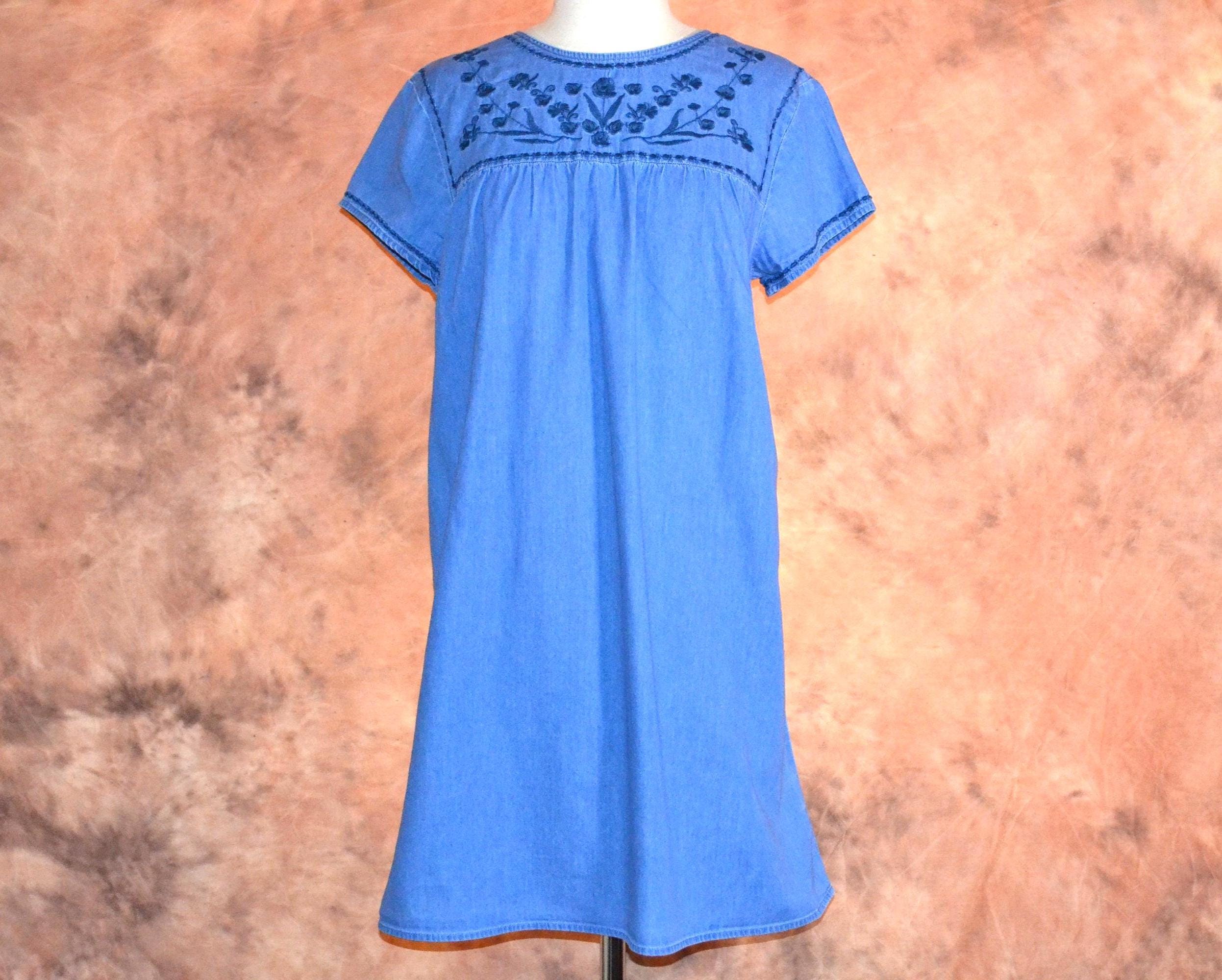 Denim Dress Embroidered Women's Smock Babydoll Casual Light Chambray Blue Jean Dress