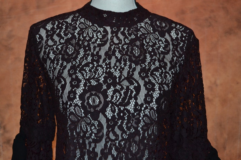 Vintage 90s Anne Taylor Plum Lace Blouse Bell and Embellished Sleeves Black Chiffon Bows Mid Sleeve High Collar Shirttail Hemline Loft