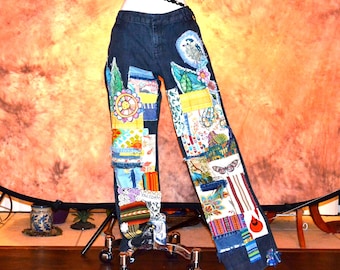 Patchwork GAP Denim Jeans, Hippie Upcycled Wearable Art Sz M