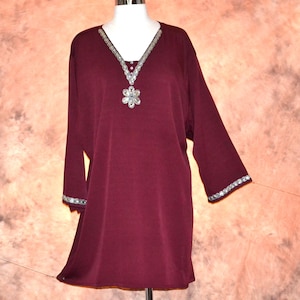 Plus Size 4X Short Dress or Long Tunic Women's Boho Maroon Beaded Crystals Embellished Dress Hippie Dressy Dress Evening Wear 4XL