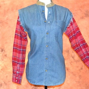 Women's Hippie Jean Jacket Boho Shirt Patchwork Denim Shirt Flannel Red Plaid Sleeve Button Front Cotton