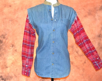 Women's Hippie Jean Jacket Boho Shirt Patchwork Denim Shirt Flannel Red Plaid Sleeve Button Front Cotton