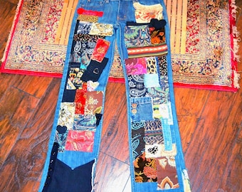 Patchwork Jeans Hand-Stitched Embellished 60s Hippie Women's Jeans Upcycled