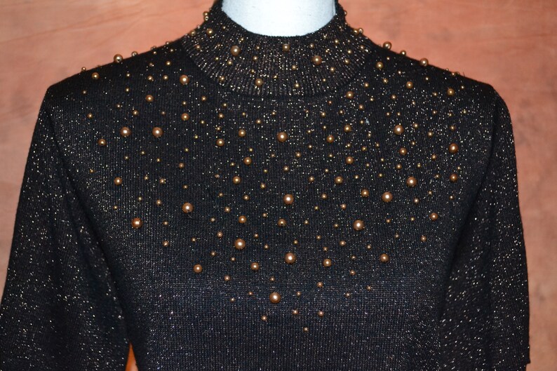 Womens Sparkle Beaded Blouse 80s Vintage Mad Men Style Top Ladies Celestial Short Sleeve Sweater Vintage Party Shirt Brown with Bronze Beads