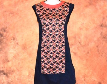 Y2K Sheath Dress Women's Casual Navy Blue w/ Coral Shift Dress