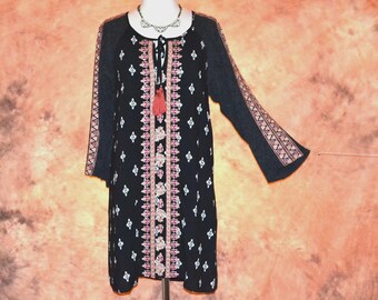 Embroidery Hippie Dress Women's Chiffon & Wool Bell Sleeves Unique Bohemian 60s Inspired Boho Dress