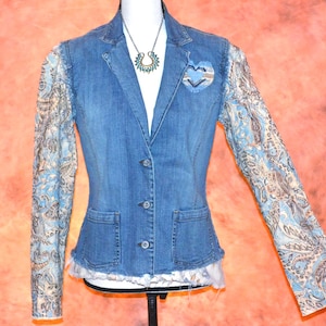 Women's Patchwork Denim Jacket Boho Chico's Jean Jacket Embroidered Upcycled Cotton Custom Made Festival