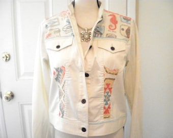 Custom Women's Nautical Jean Jacket Embellished Denim Patches Hippie White Denim Boho Festivalwear