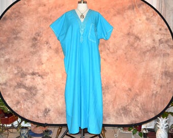 Cotton Caftan Women's Turquoise Pure Fiber Cotton Maxi Long Kaftan Egyptian Import Embroidered Ribbon