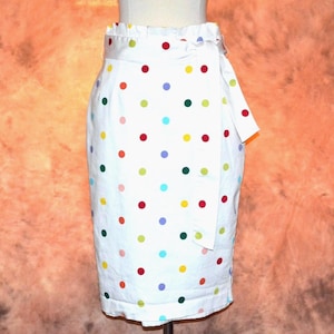 Pencil Skirt in Polka Dot White Retro Mod Cotton with Belt & Ruffle Waist