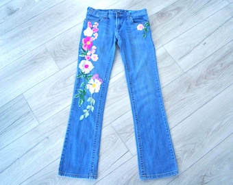 Roxy Embroidery Patchwork Jeans Malibu Baby Bell Fit Upcycle Women's Boho Jeans