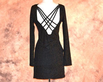 Black & Gold Sparkle Club Dress: Open Back, Cross Straps (M)