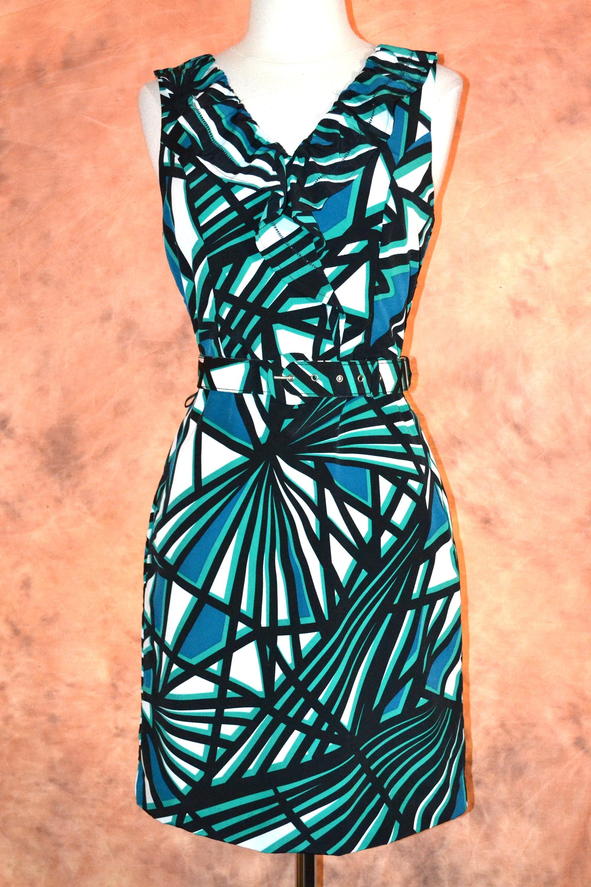 banana republic green and white dress Mod Retro Women's Abstract Print Dress With Belt Ruffles cleojamison