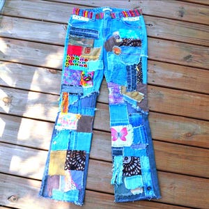 Jeansy damskie Levis Hippie Boho Patchwork Jeansy z recyklingu Szyte ręcznie Rozmiar L