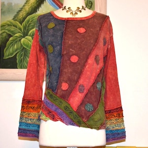 Blusa hippie para mujer, estilo retro, manga larga, mangas acampanadas, patchwork, felpa, estilo boho.