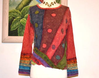 Hippie Blouse Women's Retro Long Sleeve Shirt Bell Sleeves Patchwork Plush Boho Top
