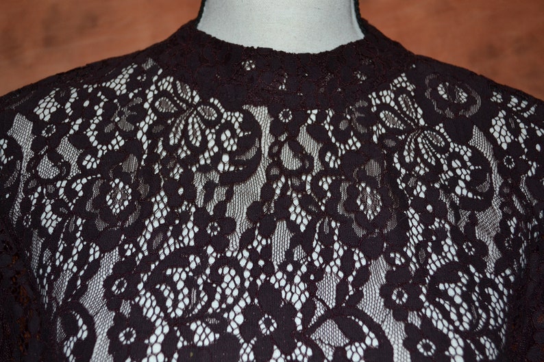 Vintage 90s Anne Taylor Plum Lace Blouse Bell and Embellished Sleeves Black Chiffon Bows Mid Sleeve High Collar Shirttail Hemline Loft