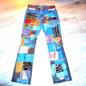 Jean patchwork Levi's style hippie bohème pour femme, recyclé et cousu à la main, taille L