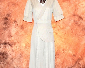 Beige Suit Dress Wrap Dress Mutton Chop Sleeves Pleated Skirt Tailored Preowned Like New