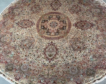 Tappeto del castello, tappeto del palazzo, molto raro, di alta qualità, pura seta naturale, tappeto rotondo, elaborato, annodato a mano, diametro 5 metri, impressionante